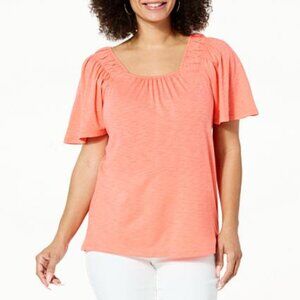Colleen Lopez Pink Coral Flounce Square Neck Pull On Blouse XL